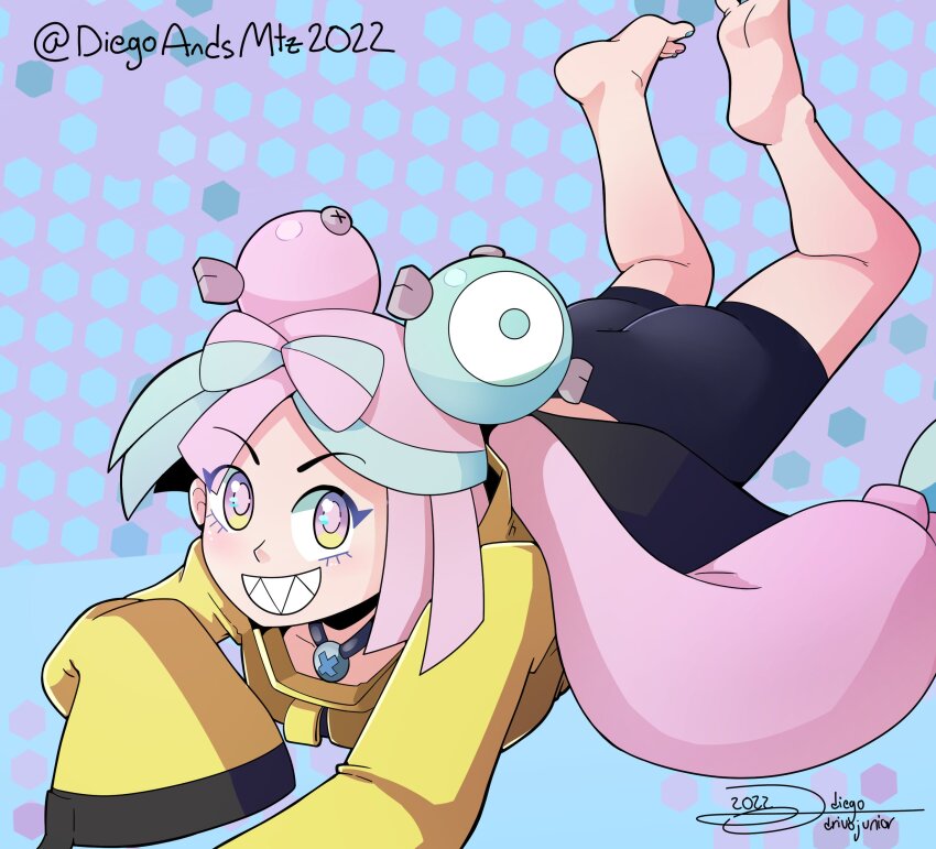 1girl, absurdres, barefoot, blue_hair, character_hair_ornament, diegoandsmtz, grin, hair_ornament