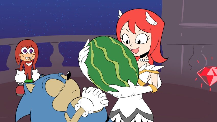 1girl, 2boys, chaos_emerald, closed_eyes, diegoandsmtz, dress, food, fruit, furry, furry_male, gloves, knuckles_the_echidna, multiple_boys, nickelodeon, own_hands_together, parody, princess_elise_the_third, purple_eyes, red_hair, smile, sonic_(series), sonic_the_hedgehog, sonic_the_hedgehog_(2006), spanish_commentary, spongebob_squarepants, spongebob_squarepants_(series), watermelon, white_dress, white_gloves