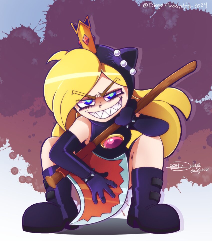1girl, axe, blonde_hair, blue_eyes, boots, bracelet, crown, diegoandsmtz, evil_smile, full_body, highres, holding, holding_axe, jewelry, looking_at_viewer, mario_(series), mario_power_tennis, mario_tennis, nintendo, purple_boots, sharp_teeth, signature, smile, solo, spiked_bracelet, spikes, squatting, teeth, twitter_username, v-shaped_eyebrows, warupeach
