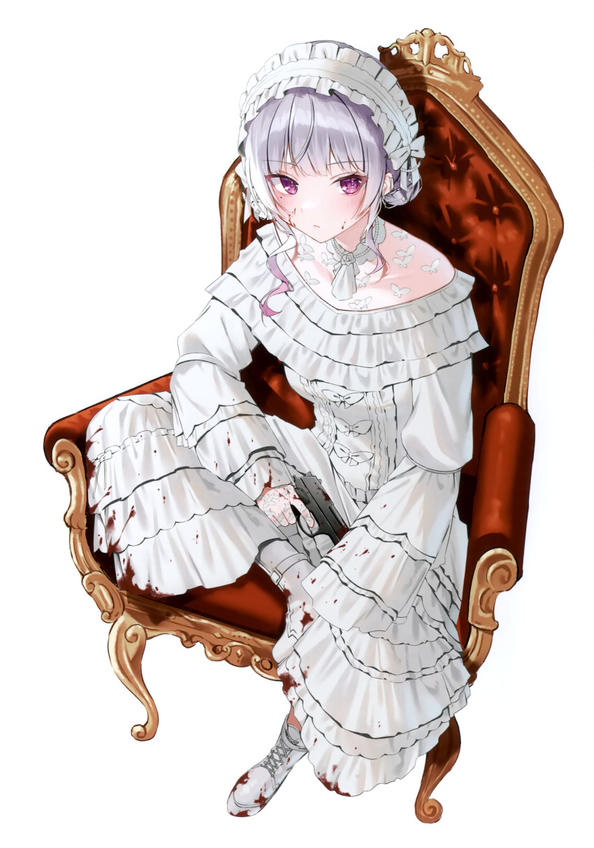 1girl, absurdres, armchair, blood, blood_on_clothes, blood_on_face, bonnet, chair