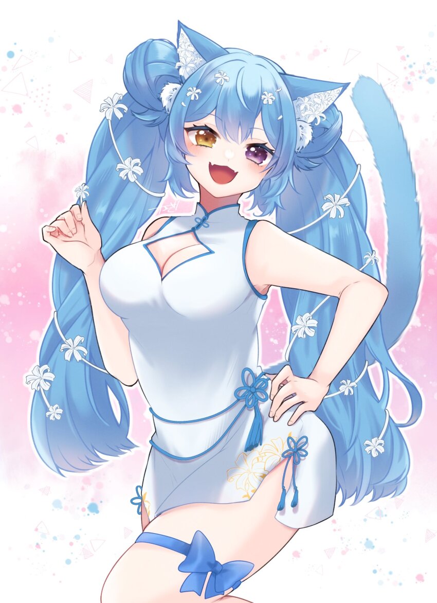 1girl, :3, animal_ear_fluff, animal_ears, blue_hair, blush, breasts, cat_ears, cat_girl, cat_tail, china_dress, chinese_clothes, cleavage, cleavage_cutout, clothing_cutout, commentary, commission, double_bun, dress, fangs, flower, hair_bun, hair_flower, hair_ornament, hand_on_own_hip, heterochromia, highres, holding, holding_flower, large_breasts, leg_ribbon, long_hair, medium_breasts, nanana_kaya, open_mouth, original, purple_eyes, ribbon, short_dress, side_slit, skeb_commission, sleeveless, sleeveless_dress, smile, solo, standing, standing_on_one_leg, untranslatable_commentary, tail, thigh_ribbon, twintails, very_long_hair, yellow_eyes