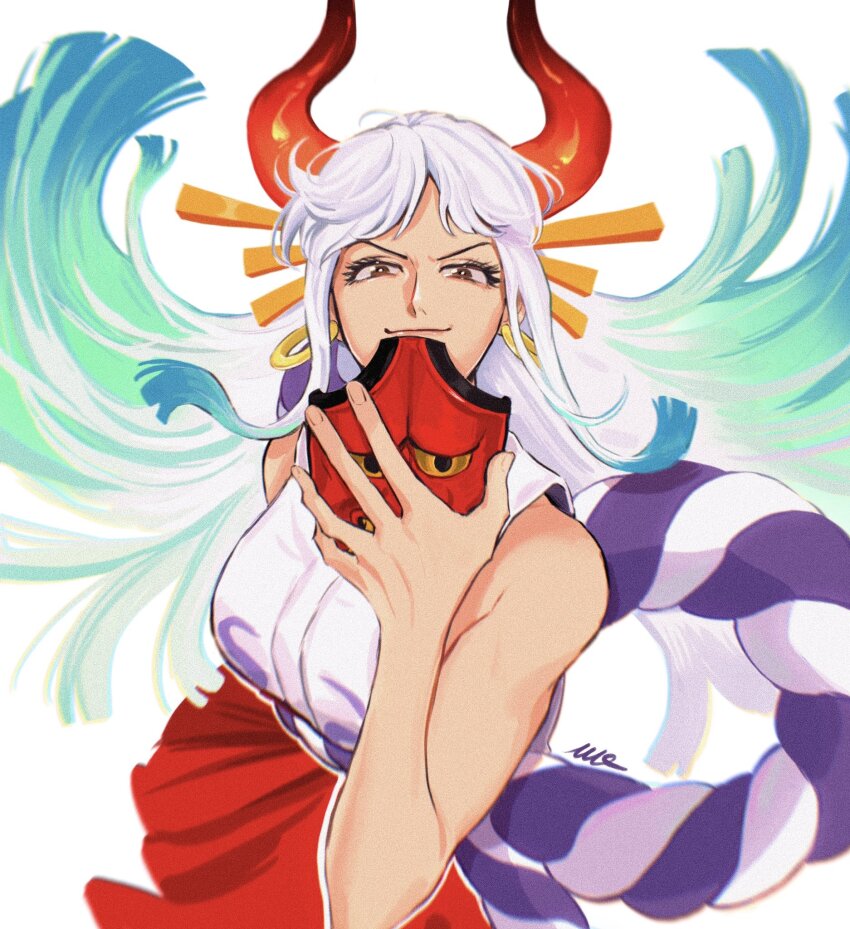 1girl, aqua_hair, blue_hair, blunt_ends, breasts, brown_eyes, curled_horns, earrings