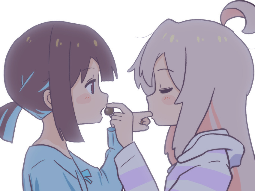 2girls, ahoge, blue_hair, blue_shirt, blunt_bangs, blunt_ends, blush_stickers, brown_eyes, brown_hair, chocolate, closed_eyes, commentary, dainaru, facing_another, feeding, finger_in_another's_mouth, from_side, genderswap, genderswap_(mtf), grey_hair, highres, hood, hood_down, hoodie, hozuki_momiji, long_hair, long_sleeves, looking_at_another, multicolored_hair, multiple_girls, mutual_feeding, onii-chan_wa_oshimai!, open_mouth, oyama_mahiro, pink_hair, ponytail, profile, shirt, short_hair, short_ponytail, simple_background, striped_clothes, striped_hoodie, two-tone_hair, valentine, white_background, yuri