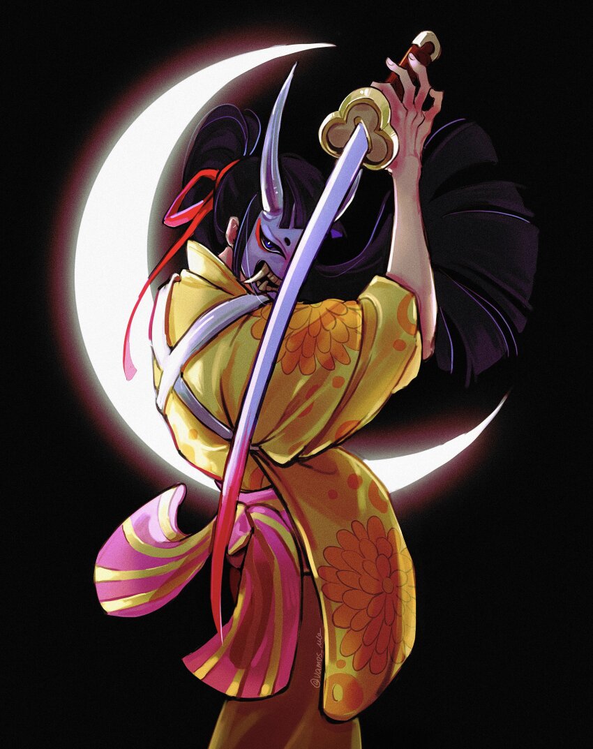 1boy, absurdres, androgynous, black_background, black_hair, blood, bloody_weapon, blunt_bangs