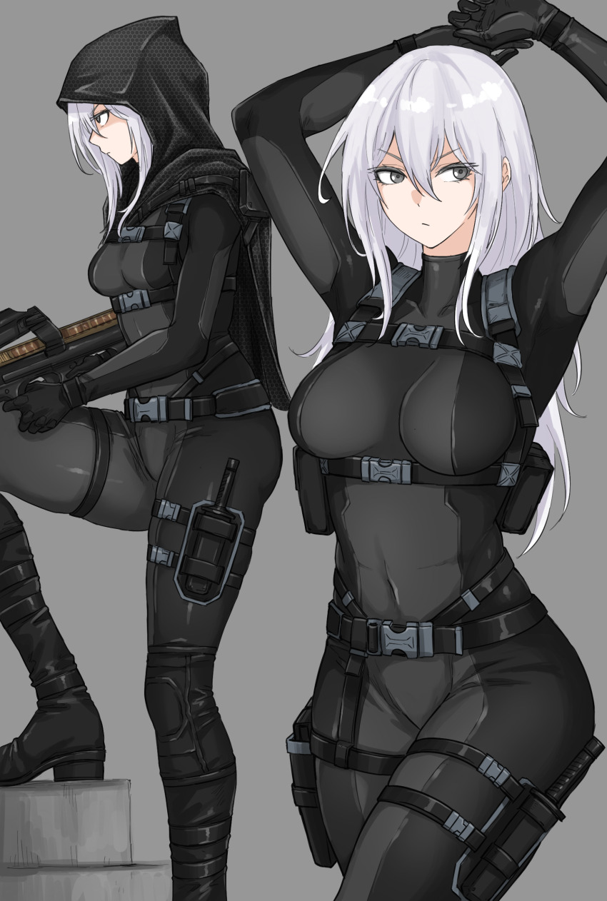 1girl, absurdres, arms_up, bodysuit, breasts, bullet_line, bullpup, fuku_(fuku12290574), grey_background, grey_eyes, gun, highres, holding, holding_gun, holding_weapon, hood, hood_up, long_hair, medium_breasts, military, original, p90, simple_background, solo, submachine_gun, weapon, white_hair