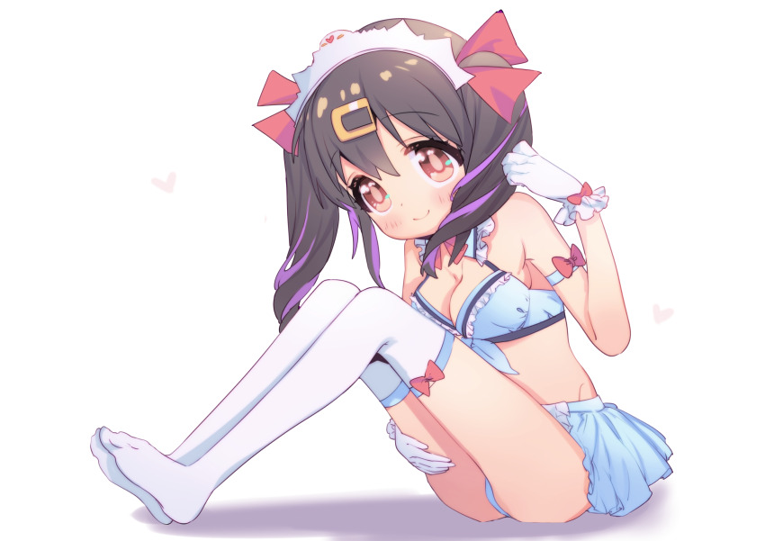 1girl, bare_shoulders, black_hair, blue_bra, blue_panties, blue_skirt, blush, bow