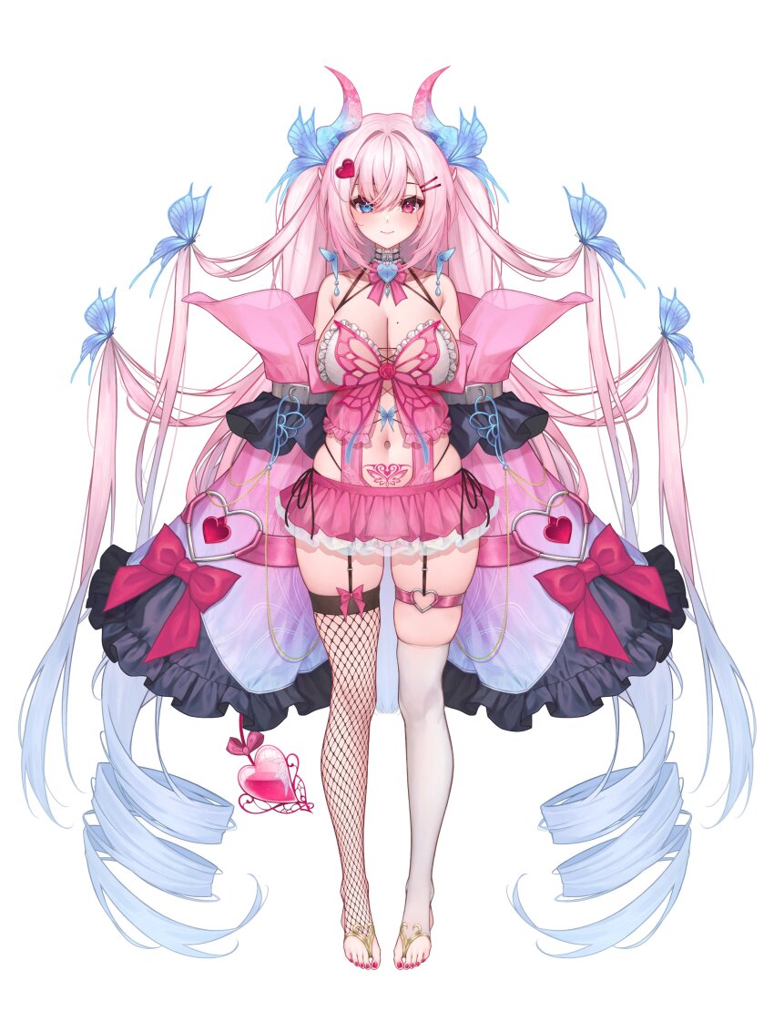 1girl, absurdres, asymmetrical_legwear, babydoll, black_panties, blue_butterfly, blue_hair, blue_horns