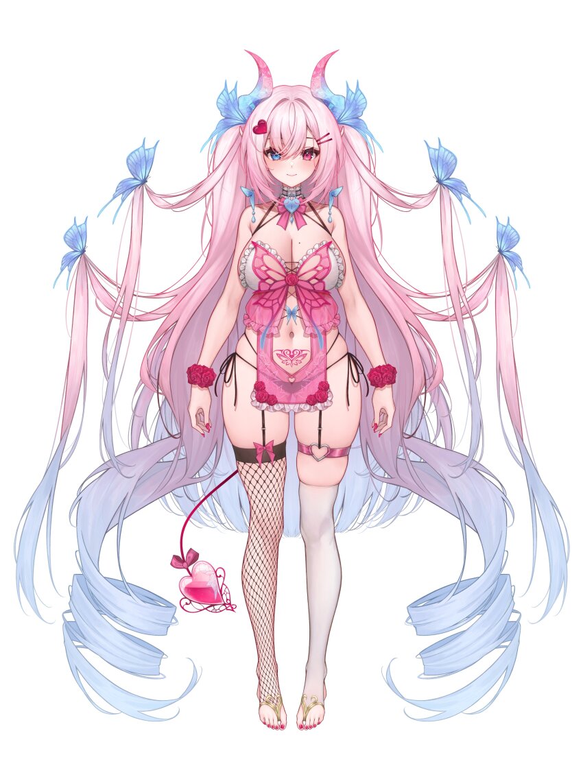 1girl, absurdres, asymmetrical_legwear, babydoll, black_panties, blue_butterfly, blue_hair, blue_horns