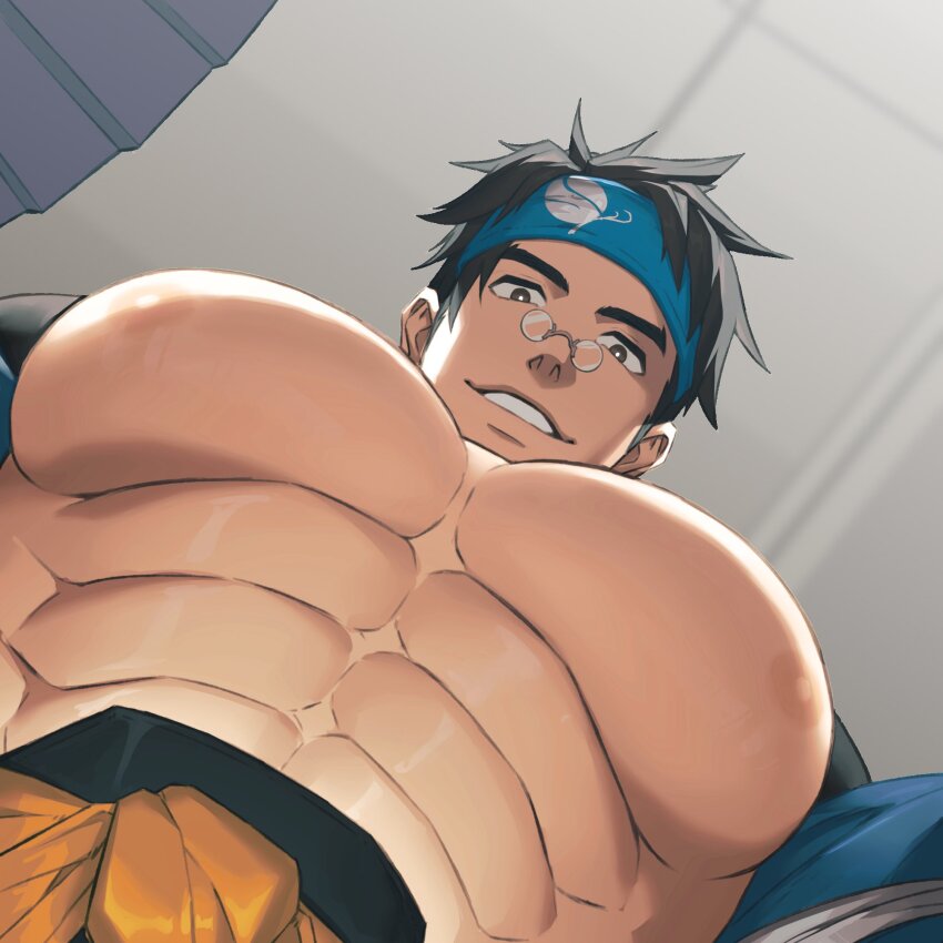 1boy, abs, bara, black_hair, blue_headband, glasses, guilty_gear, guilty_gear_strive