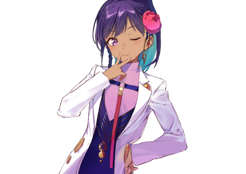 1girl, ayus_(fate), blue_hair, blush, breasts, coat, coat_on_shoulders, coffeekite