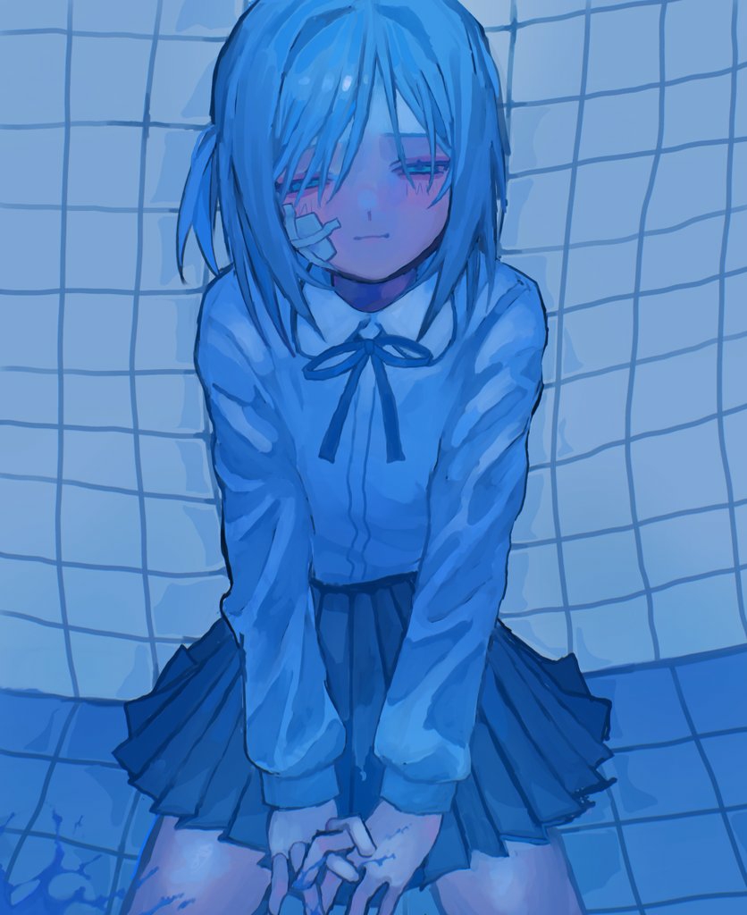 1girl, against_wall, asymmetrical_hair, between_legs, blood, blood_on_ground, blood_on_leg, blue_blood, blue_hair, blue_theme, blush, closed_mouth, collared_shirt, commentary, cowboy_shot, distortion, from_above, gauze, gauze_on_cheek, hair_intakes, half-closed_eyes, hand_between_legs, hands_on_floor, interlocked_fingers, leaning_forward, light_smile, lips, long_sleeves, looking_at_viewer, medium_hair, meidodown, miniskirt, neck_ribbon, one_side_up, original, own_hands_together, pleated_skirt, ribbon, shirt, shirt_tucked_in, sitting, skirt, solo, tile_floor, tile_wall, tiles, v_arms, white_shirt