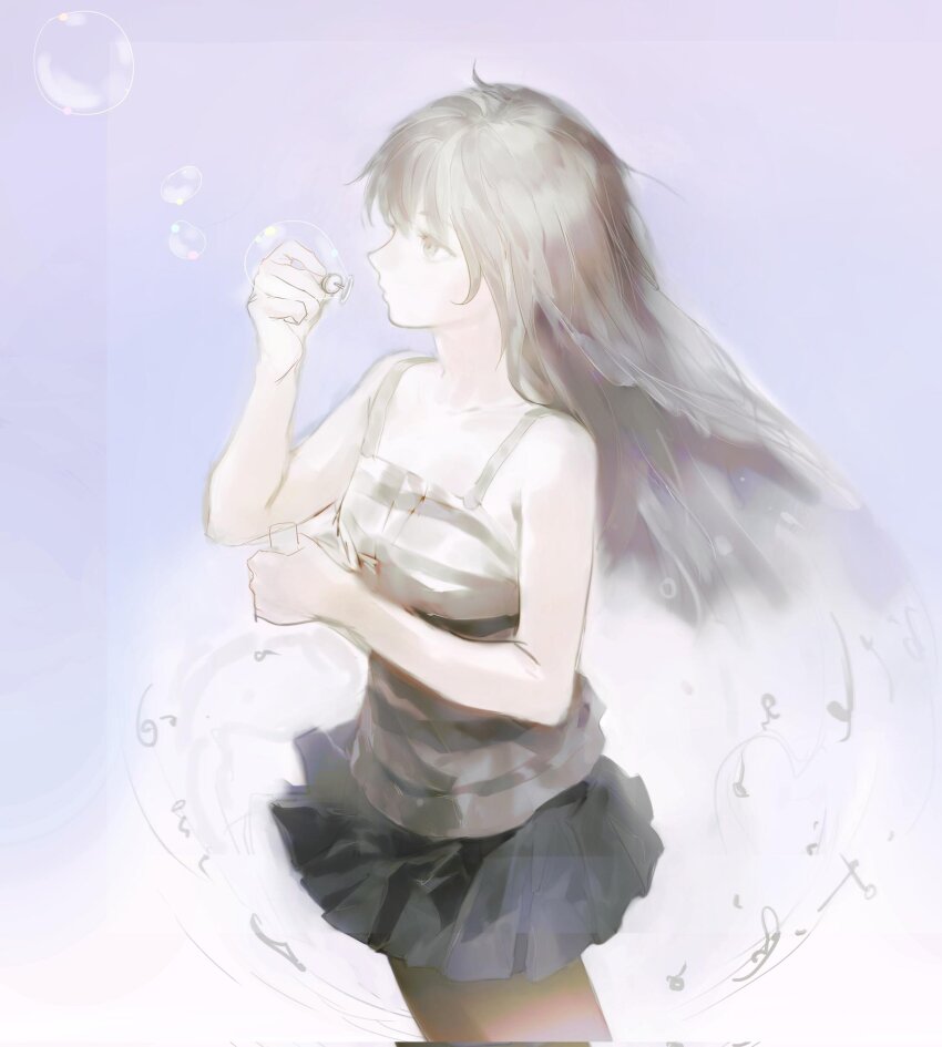 1girl, bare_shoulders, black_skirt, blowing_bubbles, bubble_wand, collarbone, corrupted_twitter_file, cowboy_shot
