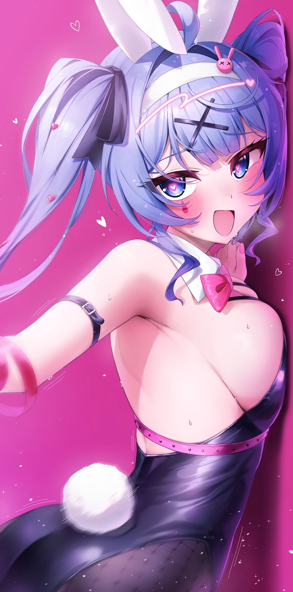 1girl, against_wall, animal_ears, backless_outfit, black_leotard, blush, breasts, detached_collar, facial_mark, fake_animal_ears, fake_tail, fishnet_pantyhose, fishnets, hair_ornament, hatsune_miku, highleg, highleg_leotard, highres, large_breasts, leotard, looking_at_viewer, morros, object_in_bra, open_mouth, pantyhose, pink_pupils, playboy_bunny, pure_pure_(rabbit_hole), rabbit_ears, rabbit_hole_(vocaloid), rabbit_tail, solo, strapless, strapless_leotard, tail, teardrop_facial_mark, vocaloid, x_hair_ornament