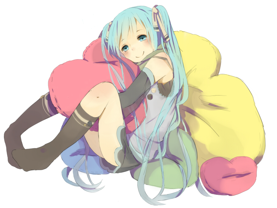 1girl, aqua_eyes, aqua_hair, bad_id, bad_pixiv_id, female_focus, hatsune_miku, hugging_object, long_hair, pillow, pillow_hug, popocox, poripori_(popocox), sitting, smile, socks, solo, twintails, very_long_hair, vocaloid