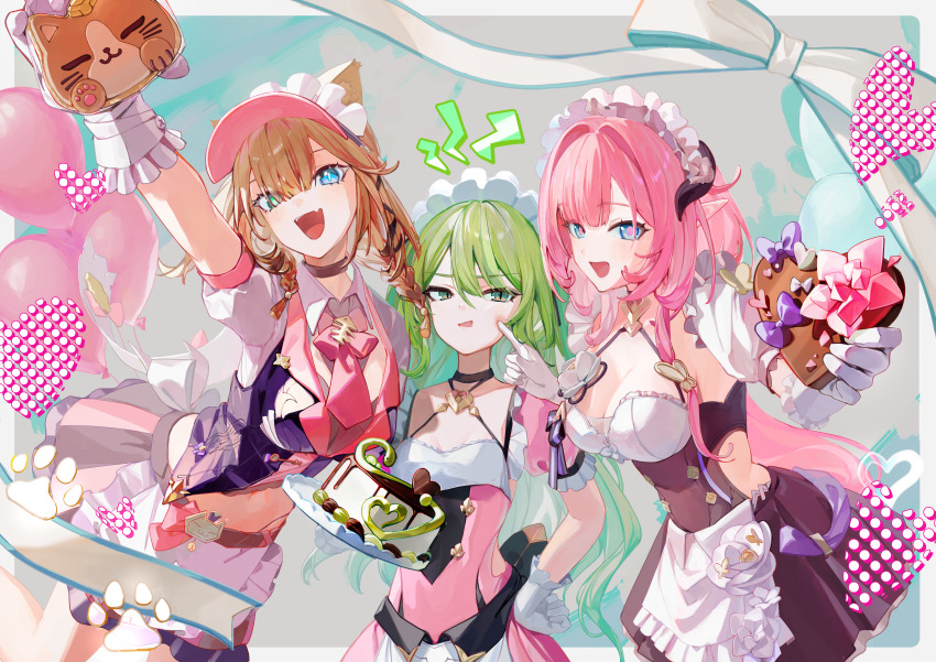 3girls, :d, absurdres, alternate_costume, animal_ears, annoyed, apron, balloon