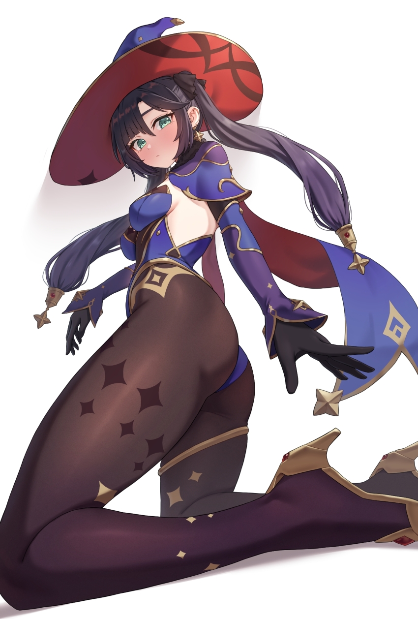 1girl, asymmetrical_bangs, black_gloves, black_hair, black_ribbon, blue_capelet, blue_hat, blue_leotard, blue_sleeves, blush, breasts, capelet, commentary, detached_sleeves, earrings, elbow_gloves, genshin_impact, gloves, gold_footwear, green_eyes, hair_ornament, hair_ribbon, hat, hat_ornament, high_heels, highleg, highleg_leotard, highres, jewelry, kadokadokado, kneeling, leg_focus, leotard, long_hair, looking_at_viewer, looking_to_the_side, mona_(genshin_impact), purple_capelet, purple_sleeves, ribbon, small_breasts, solo, sparkle_print, star_(symbol), star_earrings, star_hair_ornament, thighlet, thighs, twintails, two-tone_capelet, two-tone_sleeves, white_background, witch_hat