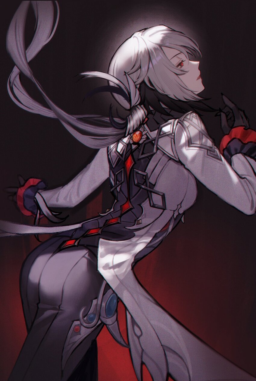 1girl, arlecchino_(genshin_impact), ass, black_background, black_pants, coat, commentary_request, cowboy_shot, genshin_impact, gradient_background, highres, leggings, long_hair, long_sleeves, low_ponytail, pants, ponytail, red_background, solo, standing, tsukura_sae, very_long_hair, white_coat, white_hair