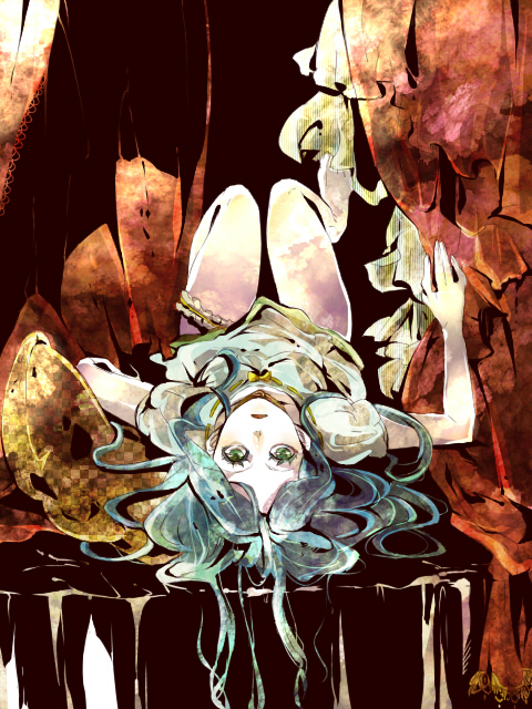 10s, 1girl, bad_id, bad_pixiv_id, barefoot, bed, blue_hair, curtains