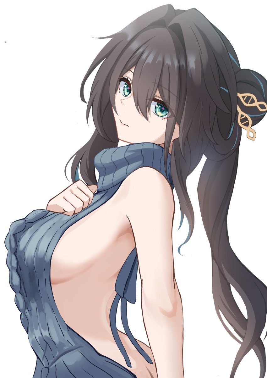 1girl, absurdres, aqua_eyes, backless_outfit, bare_arms, bare_shoulders, black_hair, blue_sweater