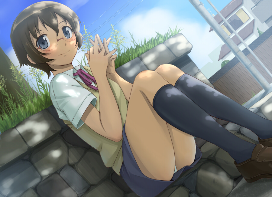 1girl, bad_id, bad_pixiv_id, black_socks, blue_eyes, blush, brown_hair, dappled_sunlight, dutch_angle, female_focus, glasses, grass, kneehighs, looking_at_viewer, ore_no_imouto_ga_konna_ni_kawaii_wake_ga_nai, own_hands_clasped, own_hands_together, panties, pantyshot, ribbon, sawashiro_kei, school_uniform, short_hair, sitting, smile, socks, solo, sunlight, sweater_vest, tamura_manami, underwear, white_panties