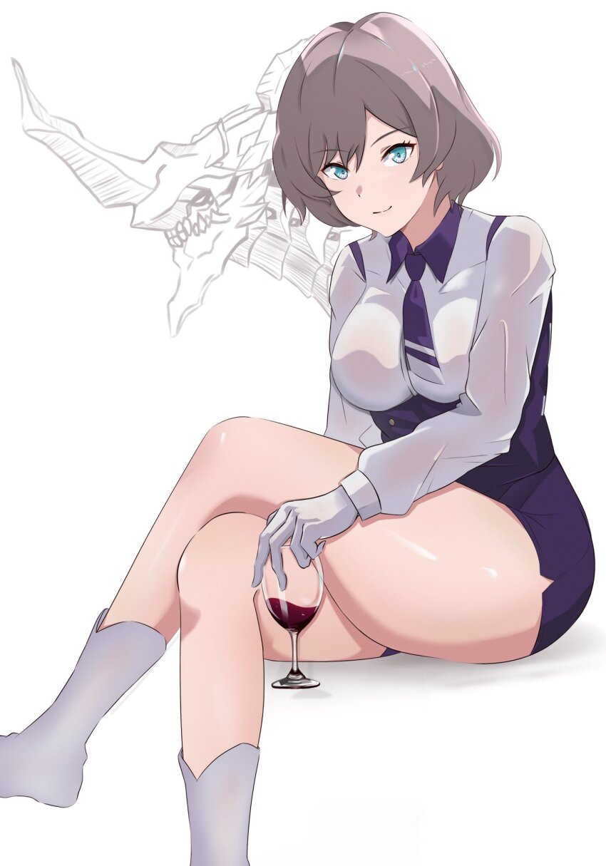 1girl, alcohol, blue_eyes, breasts, cup, drinking_glass, gagula, gloves, gridman_universe, highres, holding, holding_cup, large_breasts, looking_at_viewer, mujina, necktie, shee-p_(inemurisheep113), short_hair, shorts, solo_focus, ssss.dynazenon, thighs, white_gloves, wine, wine_glass