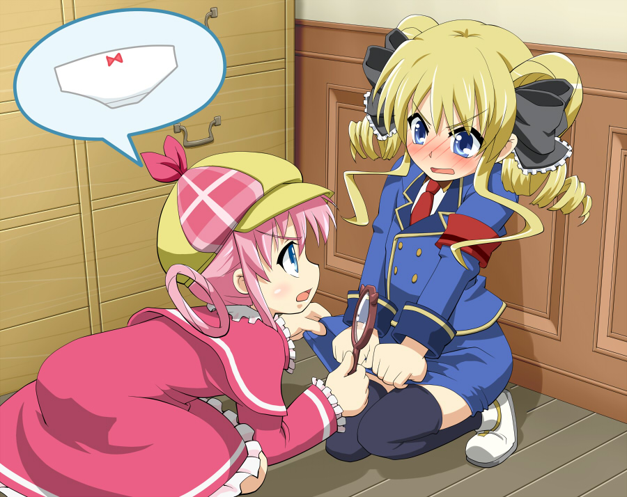 10s, 2girls, akechi_kokoro, armband, blonde_hair, blue_eyes, blush, covering_privates