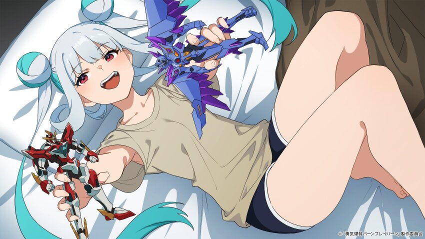 1girl, barefoot, bravern, breasts, collarbone, double_bun, hair_bun, highres, legs, long_hair, looking_at_viewer, lulu_(bang_bravern), lying, mogumo, official_art, on_back, open_mouth, red_eyes, robot, shirt, short_shorts, shorts, small_breasts, smile, superbia_(bravern), thighs, toy, yuuki_bakuhatsu_bang_bravern