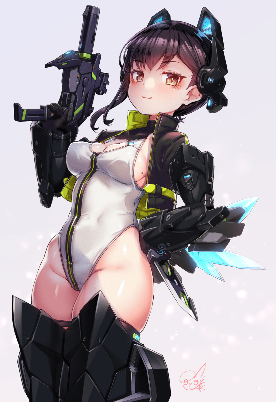 1girl, alice_gear_aegis, animal_ear_headphones, animal_ears, arm_armor, artist_logo, asymmetrical_hair, black_hair