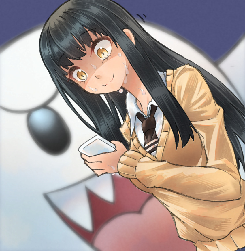 1girl, black_hair, black_necktie, boo_(mario), cardigan, cellphone, closed_mouth, ghost