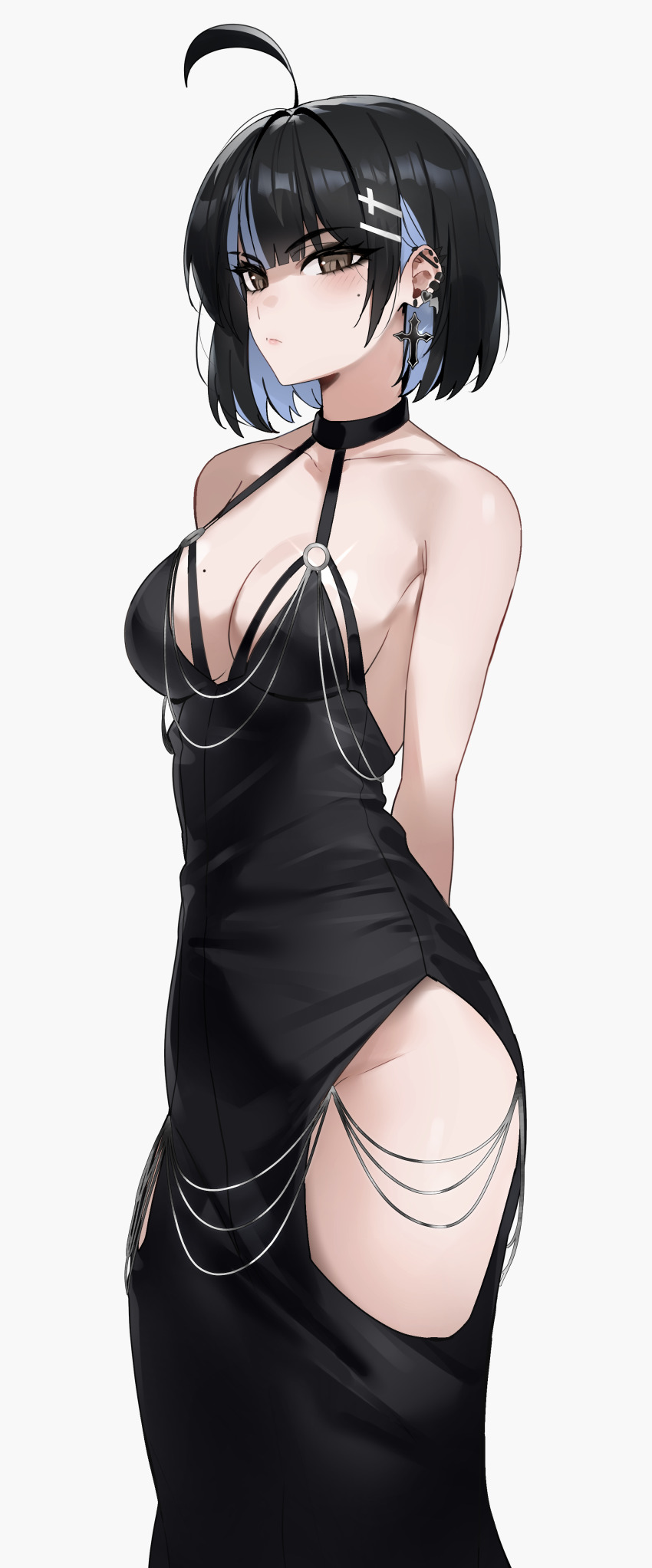 1girl, absurdres, ahoge, arms_behind_back, bare_shoulders, black_choker, black_dress, black_hair