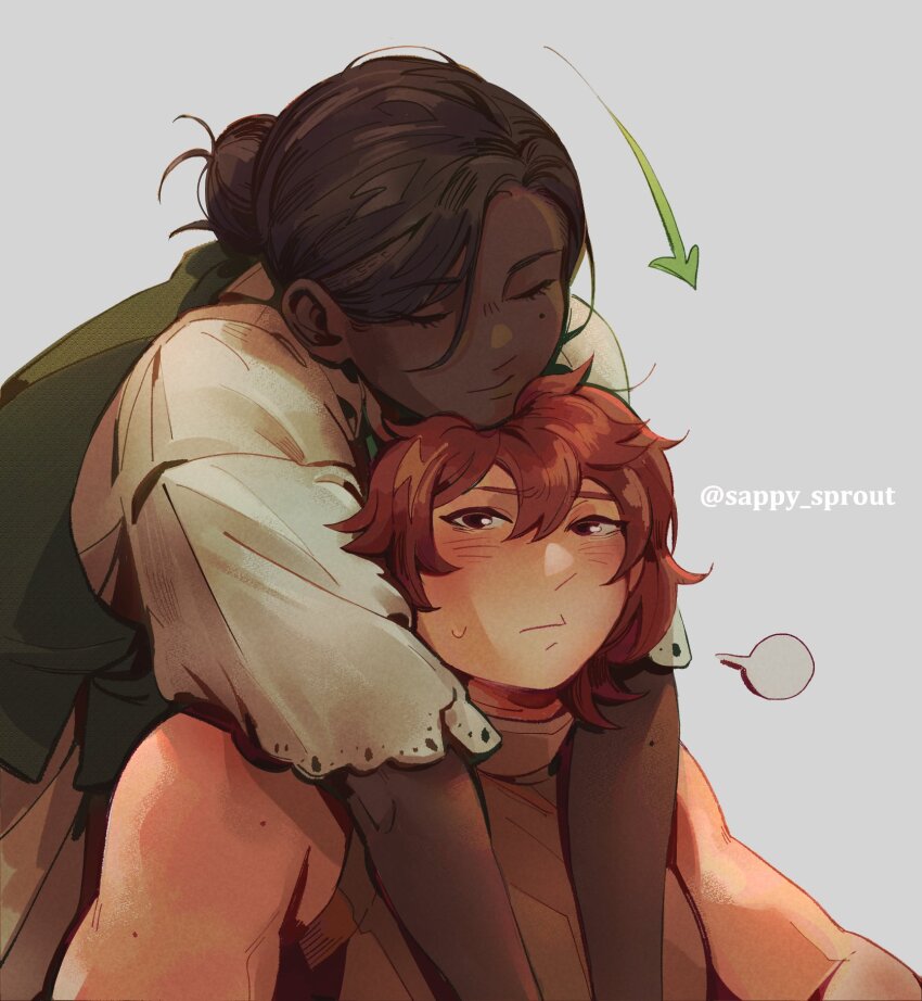 2girls, arrow_(symbol), bare_shoulders, black_hair, blank_speech_bubble, blush, casual, chin_rest, closed_eyes, closed_mouth, commentary, dark-skinned_female, dark_skin, dungeon_meshi, dwarf, facing_ahead, flustered, green_vest, grey_background, hair_between_eyes, hair_bun, head_on_head, head_rest, highres, hug, hug_from_behind, kiki_floke, lace-trimmed_sleeves, lace_trim, leaning_forward, leaning_on_person, light_smile, looking_at_viewer, mole, mole_on_arm, mole_under_eye, multiple_girls, muscular, muscular_female, namari_(dungeon_meshi), official_alternate_costume, official_alternate_hairstyle, red_hair, sappy_sprout, shirt, short_hair, short_sleeves, simple_background, single_hair_bun, sleeveless, sleeveless_shirt, speech_bubble, twitter_username, updo, upper_body, v_arms, vest, yuri