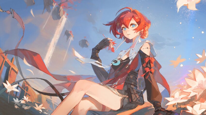 1girl, ahoge, black_gloves, blue_eyes, blue_sky, danjin_(wuthering_waves), flower, gloves, highres, holding, holding_flower, long_sleeves, looking_at_viewer, outdoors, pekopeco, red_hair, red_ribbon, ribbon, short_hair, sitting, sky, solo, thighs, wuthering_waves