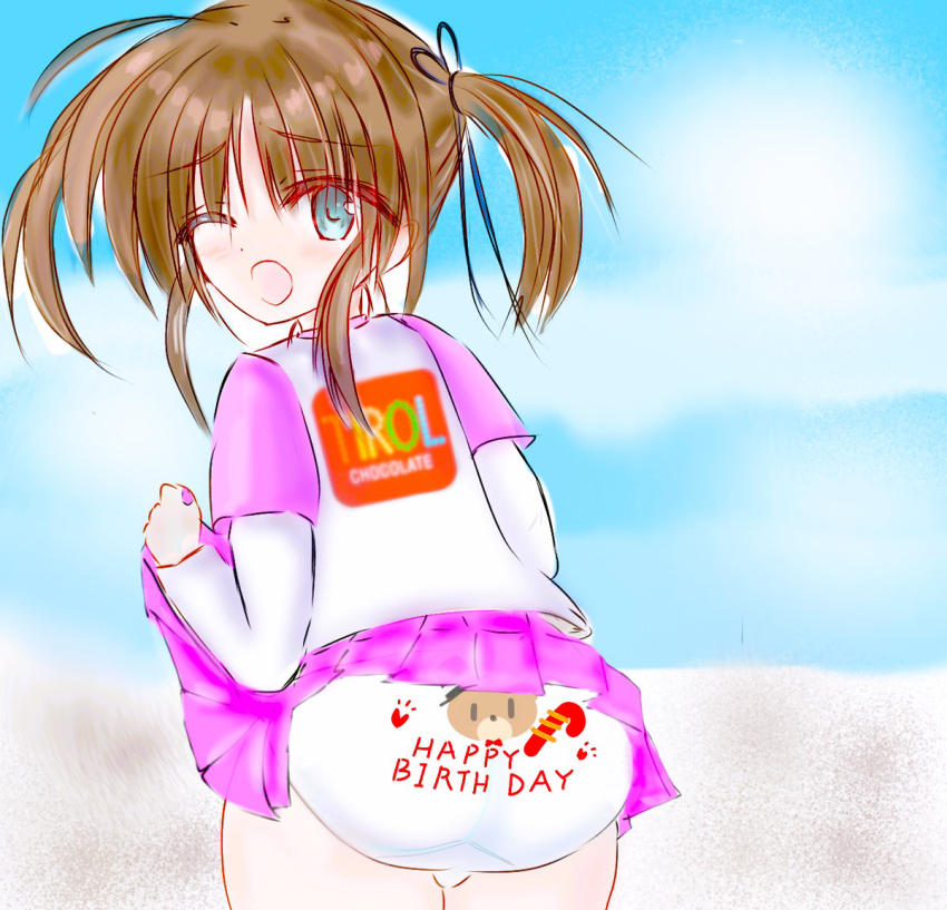 1girl, animal_print, ass, bear_print, black_ribbon, blue_eyes, blush, brown_hair