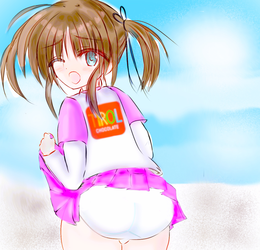 1girl, ass, black_ribbon, blue_eyes, blush, brown_hair, clothes_lift, clothes_writing