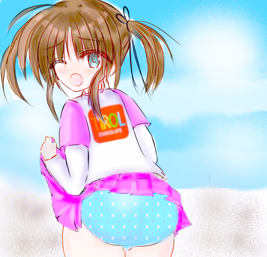 1girl, animal_print, ass, black_ribbon, blue_eyes, blue_panties, blush, bow_print