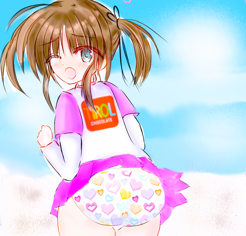 1girl, ass, black_ribbon, blue_eyes, blush, brown_hair, clothes_writing, cloud