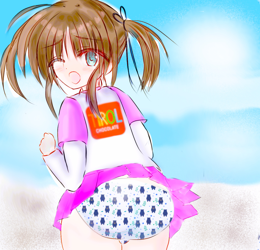 1girl, animal_print, ass, bear_print, black_ribbon, blue_eyes, blush, brown_hair