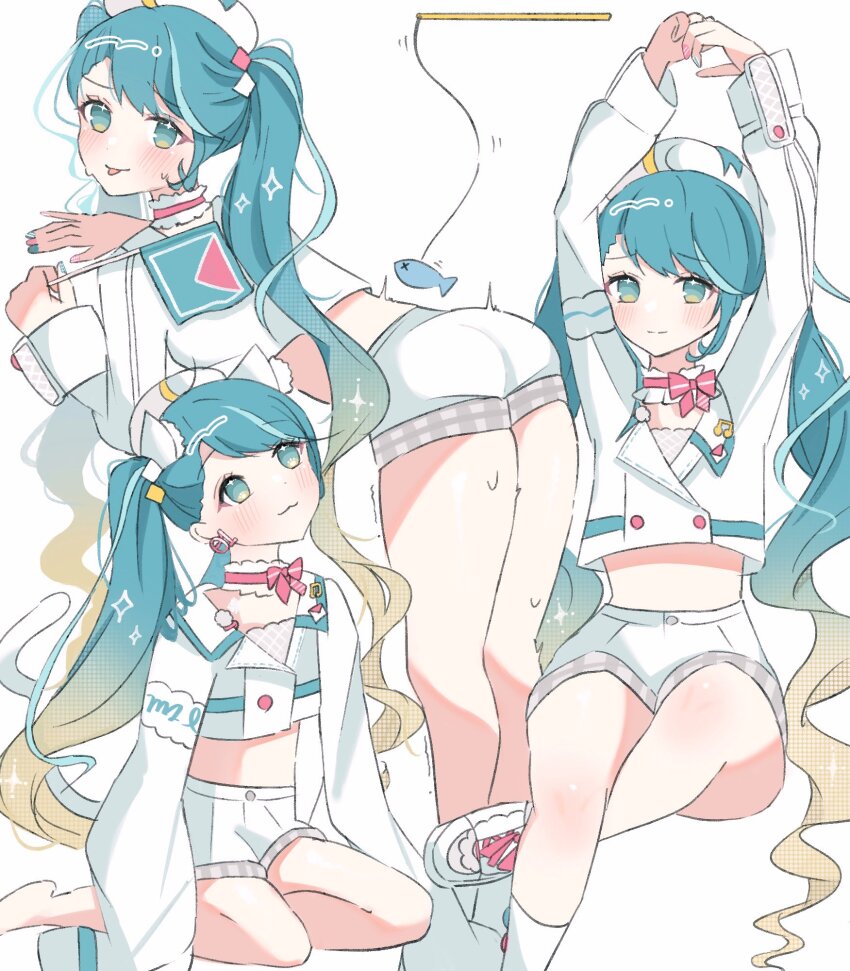 1girl, :p, aqua_eyes, aqua_hair, arms_up, badge, beamed_eighth_notes, bent_over