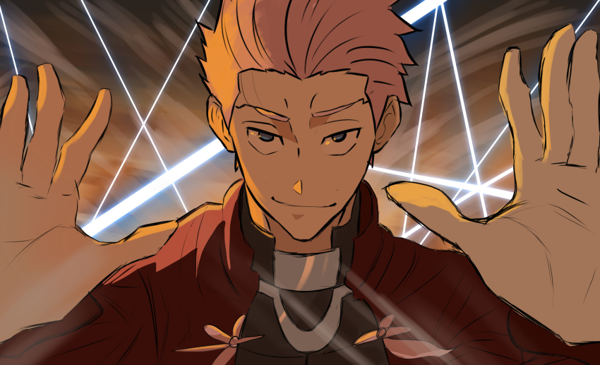 absolute_cinema_(meme), archer_(fate), dark_skin, fate/stay_night, fate_(series), field_of_blades, gears, highres, hood, hoodie, jujutsu_kaisen, male_focus, meme, red_hoodie, ryoumen_sukuna_(jujutsu_kaisen), shokobr, suwabe_jun'ichi, unlimited_blade_works_(reality_marble), voice_actor_connection, white_hair