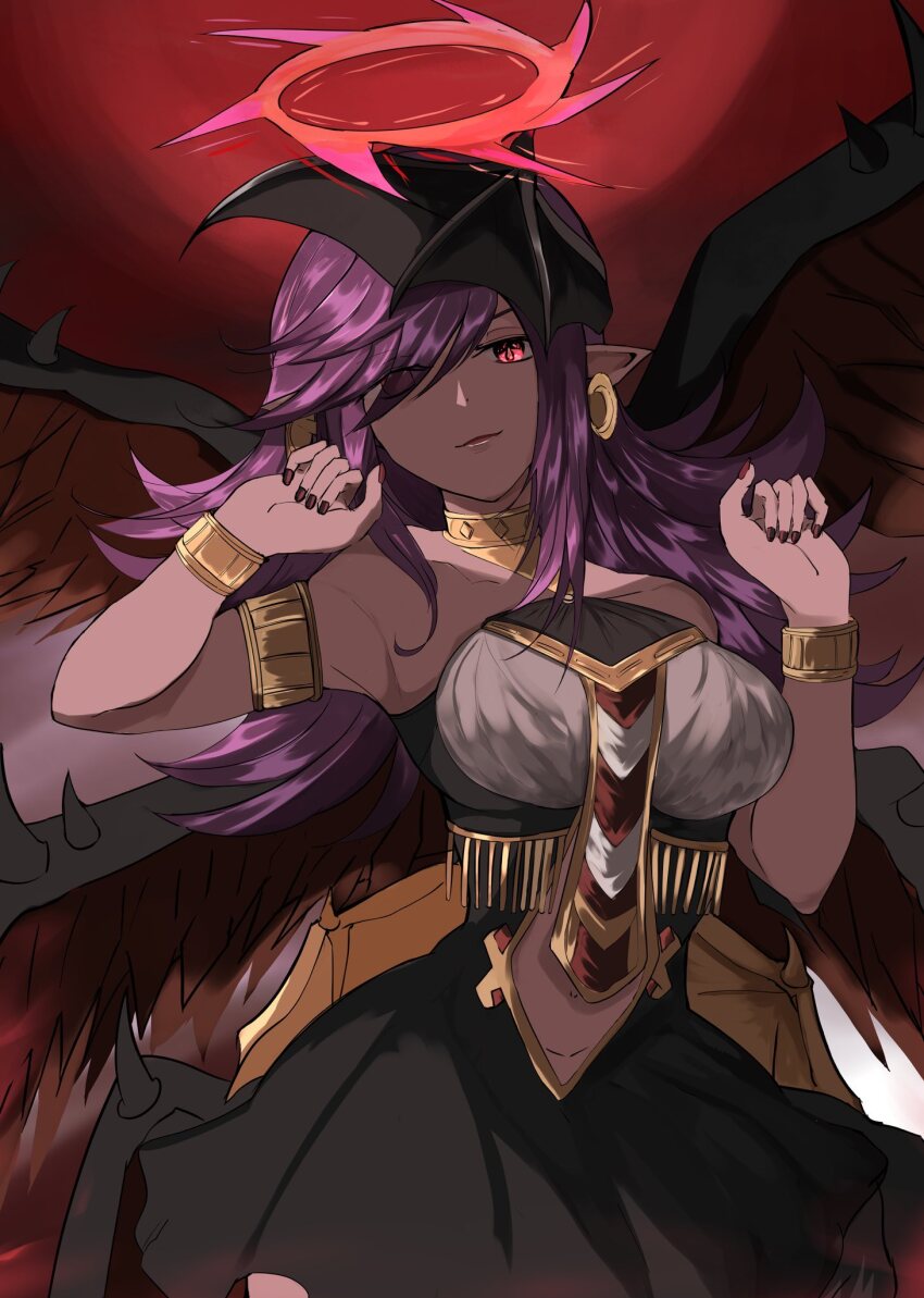 1girl, armlet, bare_shoulders, black_wings, bracelet, breasts, dark-skinned_female, dark_skin, darklord_ixchel, duel_monster, earrings, fallen_angel, feathered_wings, halo, hands_up, head_wings, highres, jewelry, large_breasts, long_hair, multiple_wings, pointy_ears, purple_hair, red_eyes, solo, swept_bangs, uragawai, wings, yu-gi-oh!