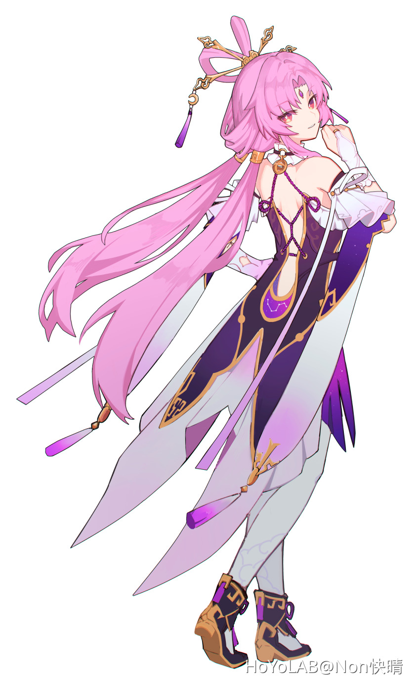 1girl, arm_up, back_cutout, black_shoes, bow-shaped_hair, bridal_gauntlets, chinese_commentary, clothing_cutout, constellation, constellation_print, detached_collar, detached_sleeves, dress, feixianji_(hairstyle), forehead_jewel, from_behind, fu_xuan_(honkai:_star_rail), full_body, hair_intakes, hair_ornament, hair_rings, hair_stick, hand_on_own_hip, highres, honkai:_star_rail, honkai_(series), hoyolab_username, jewelry, long_hair, looking_at_viewer, low_twintails, multicolored_eyes, pantyhose, parted_bangs, pink_hair, purple_eyes, purple_rope, ring, rope, shoes, simple_background, smile, solo, tassel, tassel_hair_ornament, teeth, twintails, two-tone_eyes, watori_re, white_background, white_bridal_gauntlets, white_dress, white_pantyhose