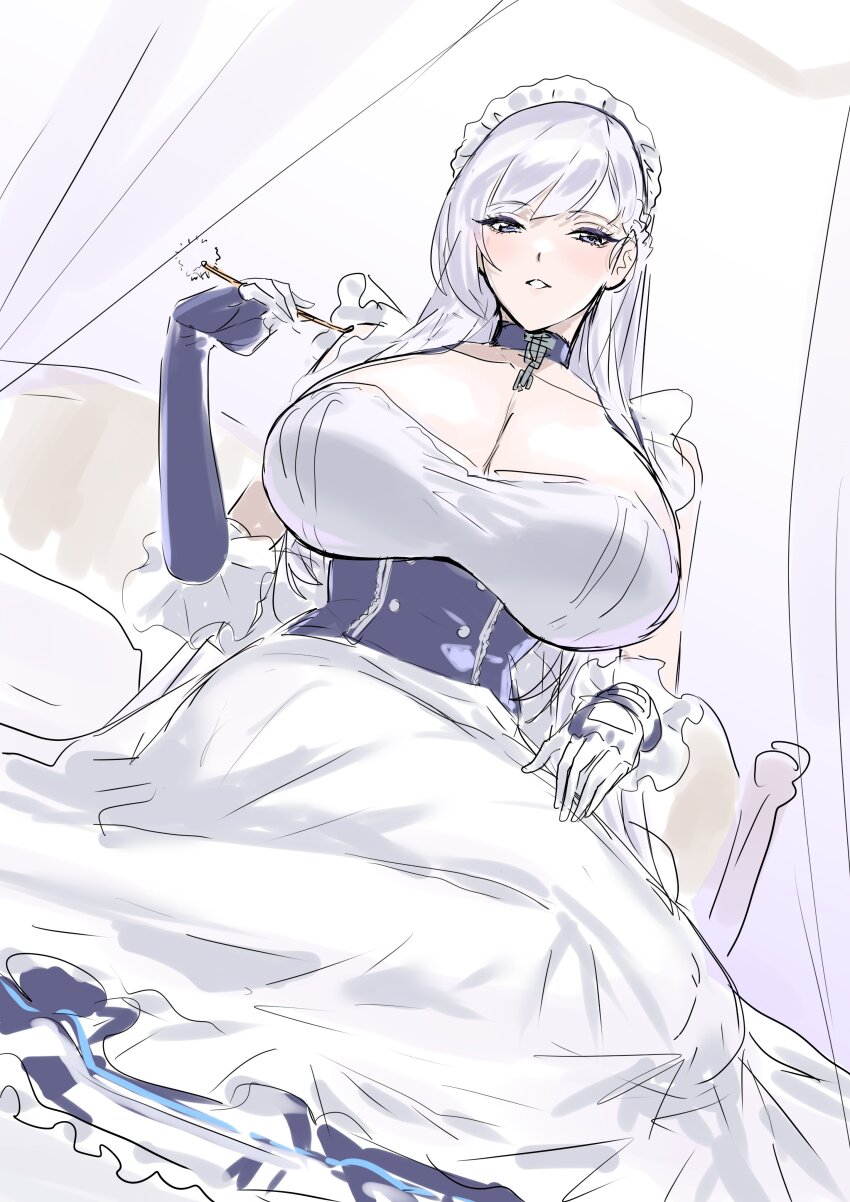 1girl, absurdres, apron, azur_lane, belfast_(azur_lane), blush, breasts, chain, choker, cleavage, collarbone, eyebrows_hidden_by_hair, highres, holding, holding_mimikaki, kneeling, large_breasts, long_hair, looking_at_viewer, maid, maid_apron, maid_headdress, mimikaki, mogi_yasunobu, open_mouth, sidelocks, solo, swept_bangs, teeth, white_hair