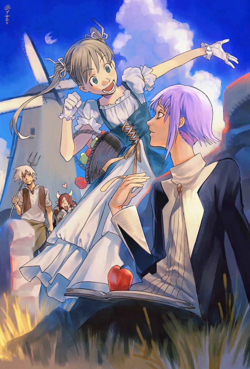 1girl, 1other, 2boys, androgynous, ann_yasu_d, apple, bags_under_eyes, basket