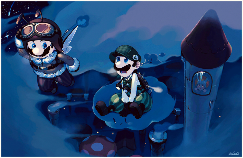 2boys, :o, antennae, backpack, bag, beanie, bee_mario, belt, belt_buckle, black_belt, black_eyes, black_gloves, blue_eyes, breath, brothers, brown-framed_eyewear, brown_bag, brown_footwear, brown_hair, brown_headwear, brown_pants, brown_sleeves, buckle, newsboy_cap, cloud, coat, collared_shirt, commentary_request, earflap_beanie, facial_hair, flying, full_body, fur-trimmed_coat, fur-trimmed_sleeves, fur_trim, gloves, goggles, goggles_around_neck, goggles_on_headwear, green_headwear, green_pants, green_vest, grey-framed_eyewear, hand_on_window, hat, highres, icicle, insect_wings, kakao_(kakao_san9), long_sleeves, looking_at_another, lower_teeth_only, luigi, mario, mario_(series), multiple_boys, mustache, night, nintendo, official_alternate_costume, on_cloud, open_mouth, outdoors, pants, plaid_clothes, plaid_headwear, puffy_pants, red-tinted_eyewear, red_toad_(mario), round_eyewear, shirt, short_hair, siblings, signature, sitting, smile, solid_oval_eyes, striped_clothes, striped_pants, super_mario_galaxy, sweatdrop, teeth, tinted_eyewear, tower, vertical-striped_clothes, vertical-striped_pants, vest, white_shirt, white_sleeves, wings