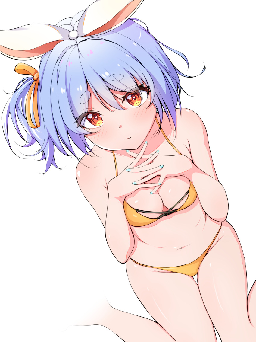1girl, absurdres, bare_arms, bare_shoulders, bikini, blue_eyes, blue_hair, blue_nails, bow, breasts, cleavage, closed_mouth, eyebrows_hidden_by_hair, eyelashes, from_above, hair_between_eyes, hair_bow, hair_ribbon, hands_on_own_chest, hands_up, heart, heart-shaped_pupils, highres, hololive, interlocked_fingers, light_blush, looking_at_viewer, looking_up, maccaron61, nail_polish, navel, one_side_up, orange_eyes, orange_ribbon, own_hands_together, ribbon, short_eyebrows, short_hair, simple_background, sitting, small_breasts, solo, string_bikini, swimsuit, symbol-shaped_pupils, thick_eyebrows, thigh_gap, usada_pekora, virtual_youtuber, wariza, white_background, white_bow, yellow_bikini