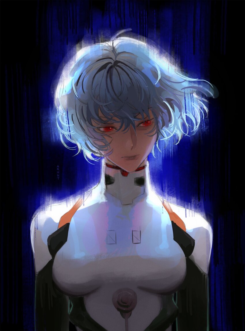 1girl, arhnt, arms_at_sides, aura, ayanami_rei, black_background, blue_hair, bodysuit