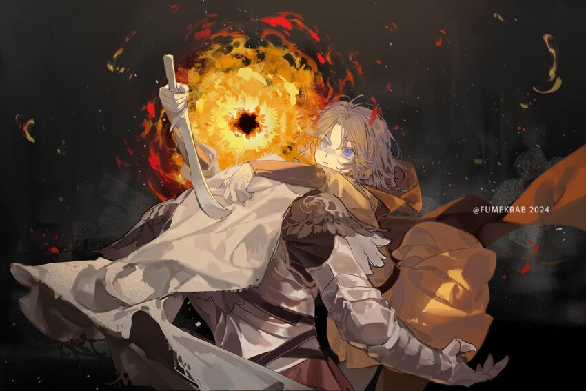 1boy, 1girl, armor, brown_cloak, brown_hair, cape, cloak, elden_ring