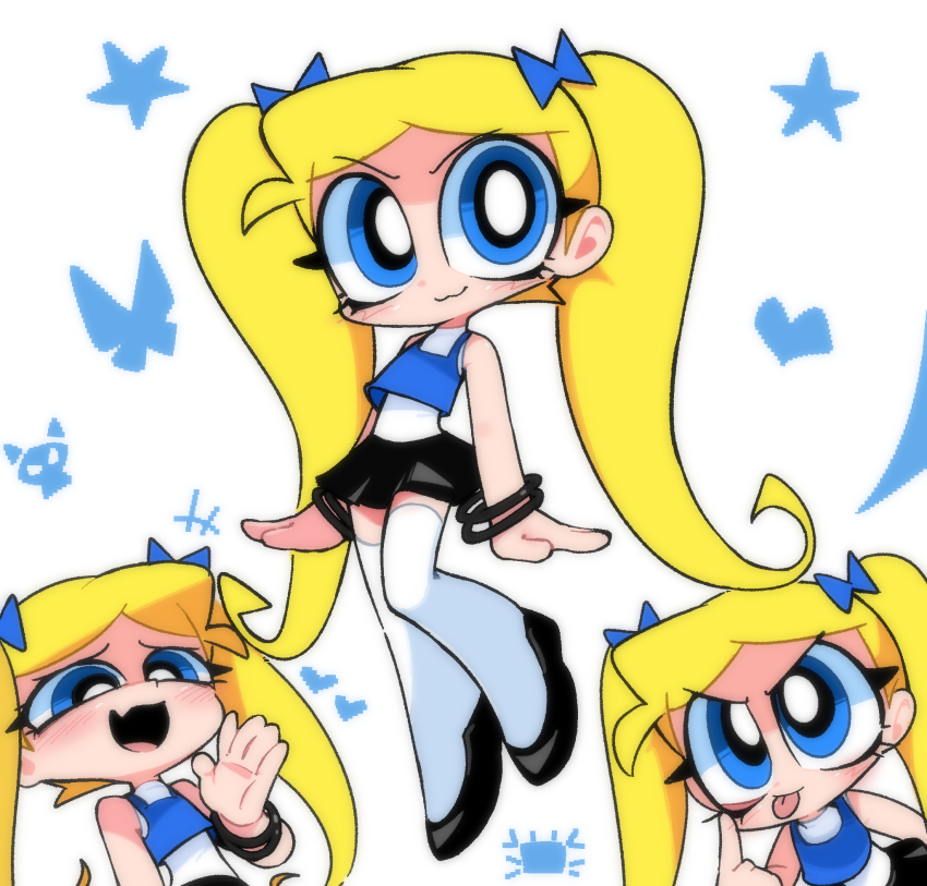1girl, :3, alternate_universe, bare_arms, bare_shoulders, black_skirt, blonde_hair, blue_bow