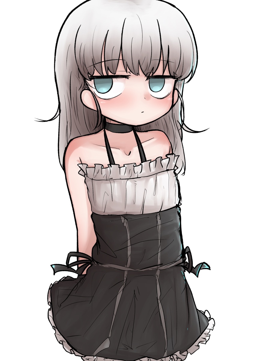 1girl, absurdres, arms_behind_back, bare_shoulders, black_choker, black_dress, blue_eyes, blush, choker, closed_mouth, commentary_request, cowboy_shot, dress, frilled_dress, frills, grey_hair, halter_dress, halterneck, highres, jitome, ka_(3s4k4), long_hair, looking_at_viewer, no_pupils, simple_background, sleeveless, sleeveless_dress, solo, spectral_wizard_(series), spectral_wizard_(spectral_wizard), standing, white_background