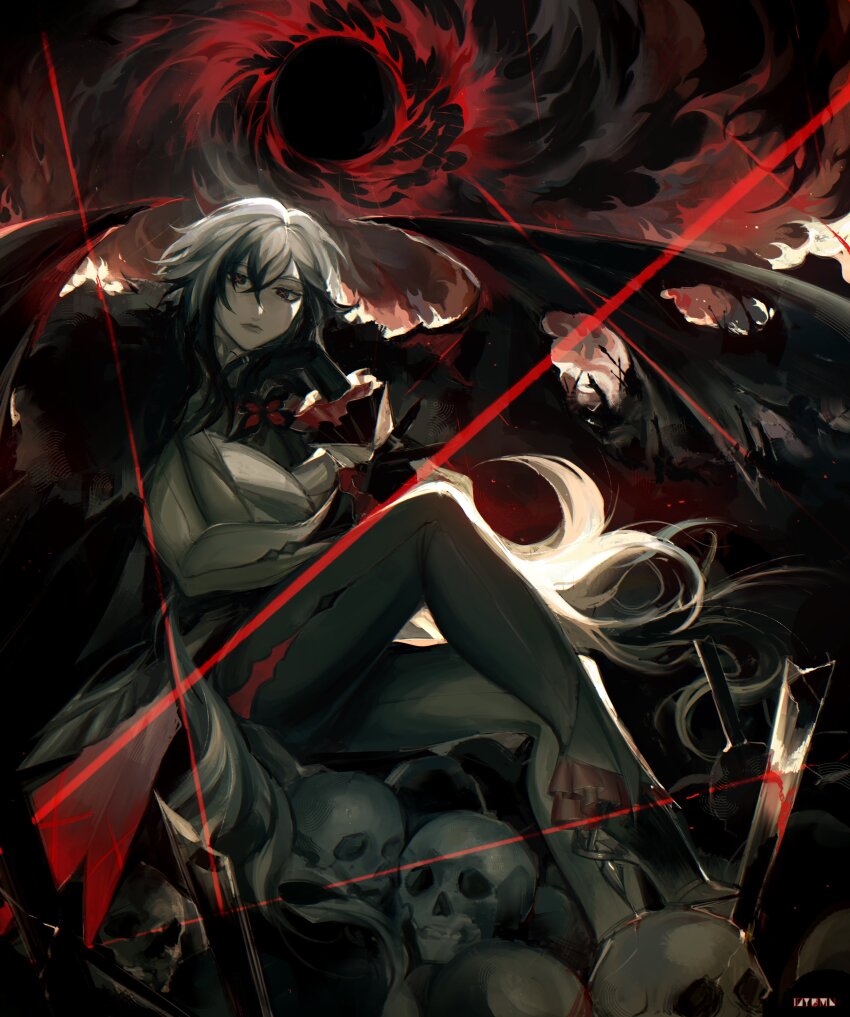 1girl, absurdres, arlecchino_(genshin_impact), black_hands, black_pants, coat, colored_extremities, commentary_request